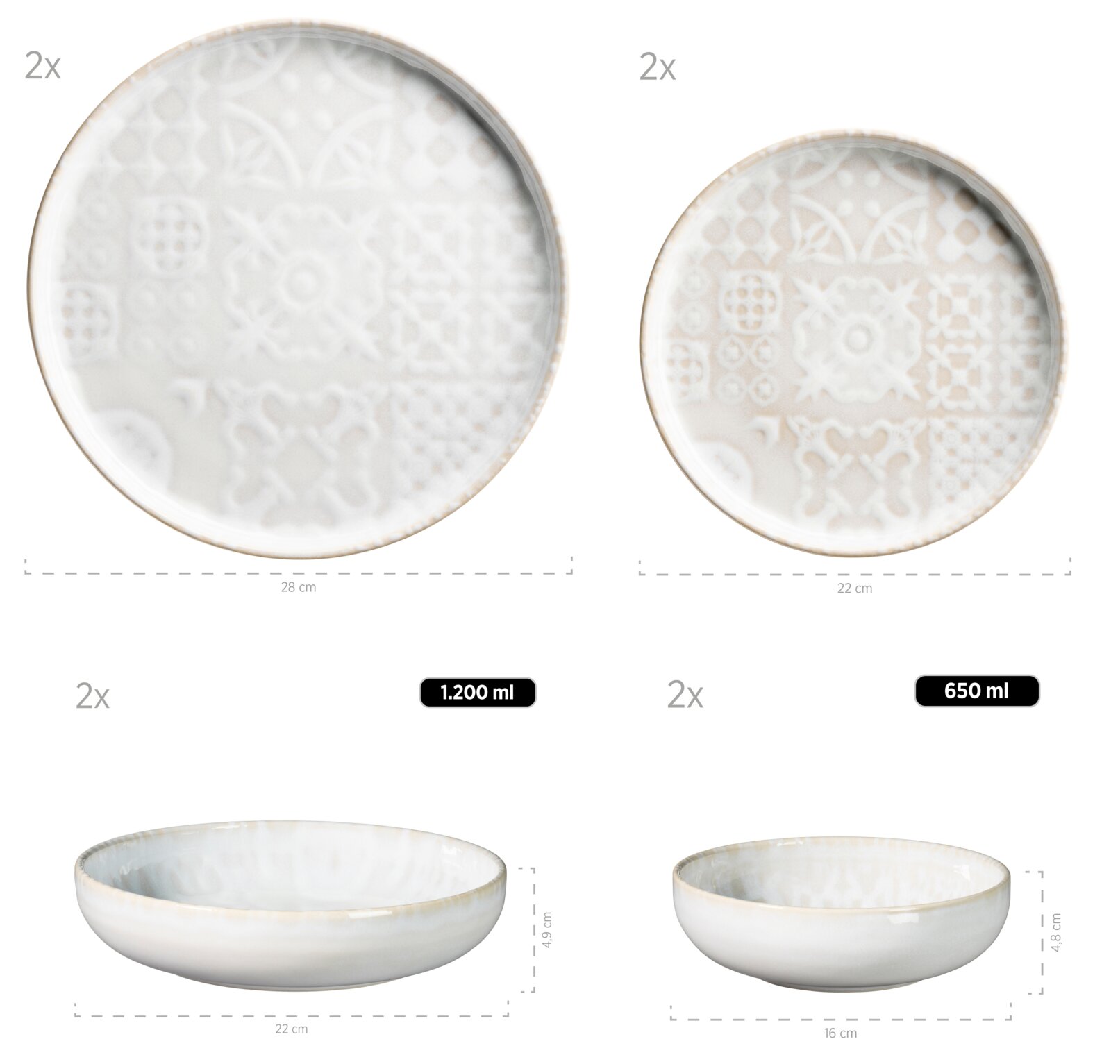 Set aus zwei großen flachen Keramikschalen (28 cm, 1200 ml) und zwei kleineren Schalen (22 cm, 650 ml) in Weiß mit geprägtem Ornamentmuster und leicht braunem Rand, gezeigt in Draufsicht und Seitenansicht.