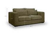 Olivgrünes 2-Sitzer-Sofa mit Cordbezug, breiten Armlehnen und zwei großen Rückenkissen, schräg von vorne links gezeigt; Maße ca. 200 x 92 x 92 cm, Sitzhöhe ca. 50 cm