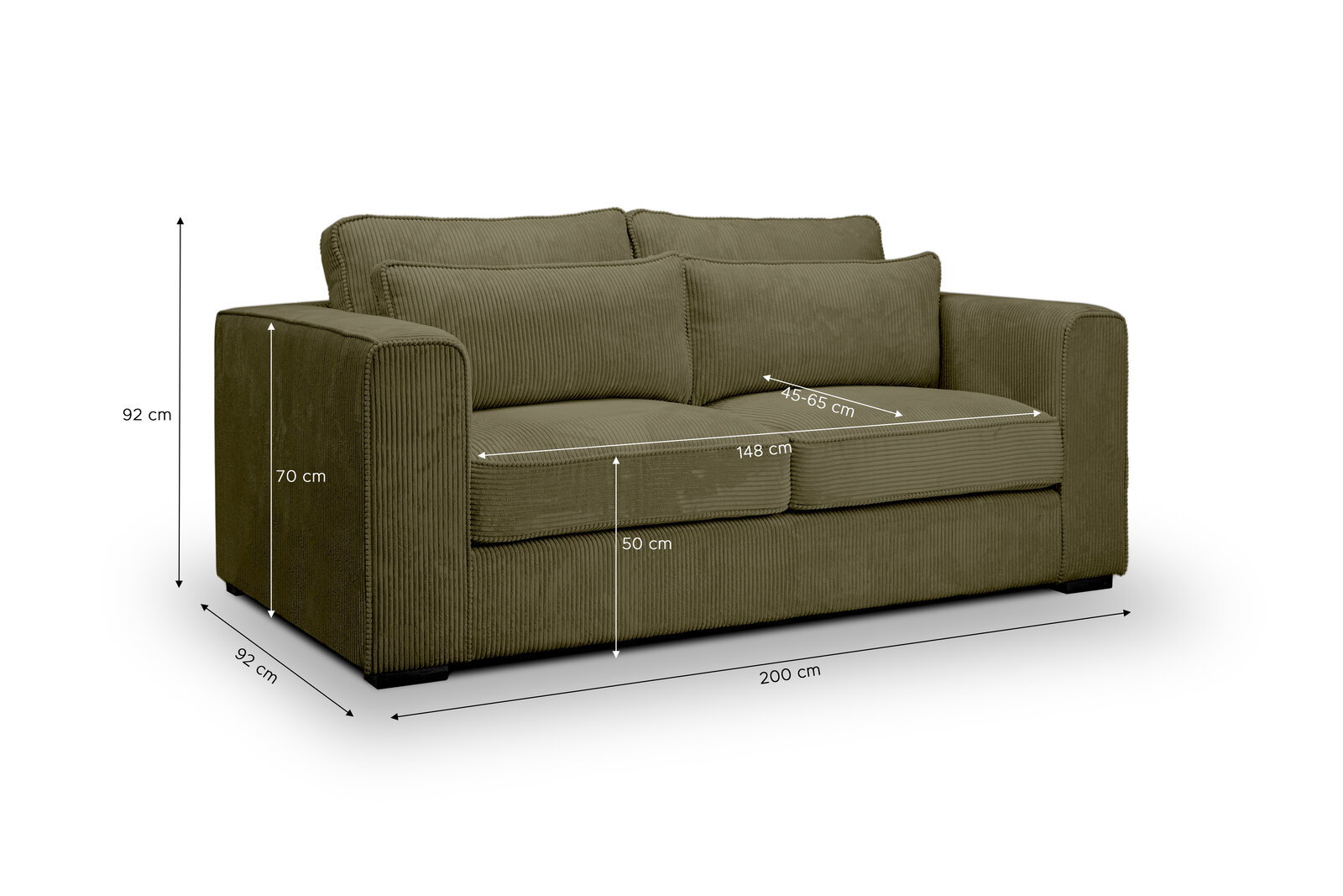 Olivgrünes 2-Sitzer-Sofa mit Cordbezug, breiten Armlehnen und zwei großen Rückenkissen, schräg von vorne links gezeigt; Maße ca. 200 x 92 x 92 cm, Sitzhöhe ca. 50 cm