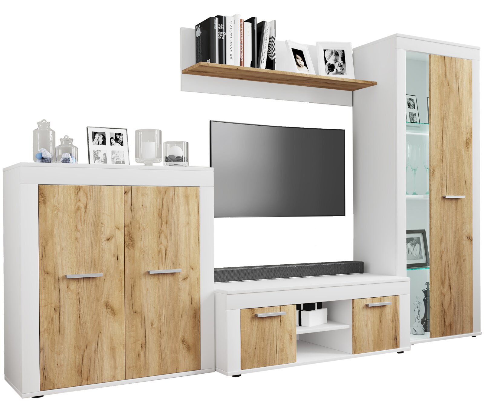 VCM 4-tlg. Wohnwand USILO Wohnwand/TV-Möbel-Set in Weiß mit Holzoptik-Fronten, bestehend aus Lowboard, Sideboard, Hängeregal und Vitrine mit Glasböden, in frontaler Perspektive leicht von links gezeigt