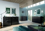 Moderne Schubkastenkommode in einem stilvollen Wohnzimmer, Perspektive von vorne links