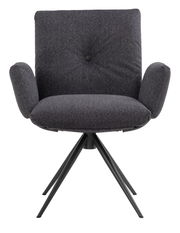 Vorderansicht eines modernen Armlehnstuhls mit schwarzem Stoffbezug und vier schwarzen Metallbeinen, Modell COCOON von Dieter Knoll.