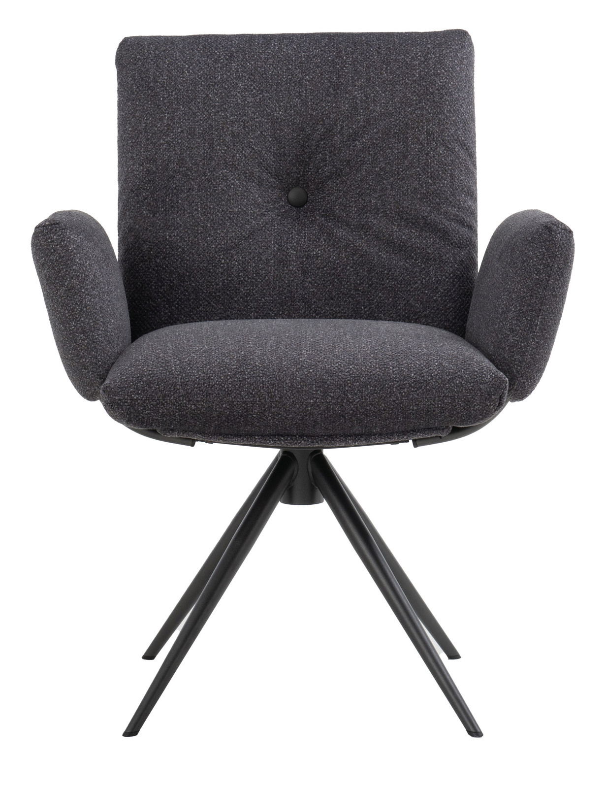 Vorderansicht eines modernen Armlehnstuhls mit schwarzem Stoffbezug und vier schwarzen Metallbeinen, Modell COCOON von Dieter Knoll.