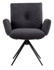 Vorderansicht eines modernen Armlehnstuhls mit schwarzem Stoffbezug und vier schwarzen Metallbeinen, Modell COCOON von Dieter Knoll.