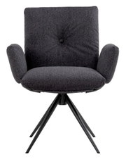 Vorderansicht eines modernen Armlehnstuhls mit schwarzem Stoffbezug und vier schwarzen Metallbeinen, Modell COCOON von Dieter Knoll.