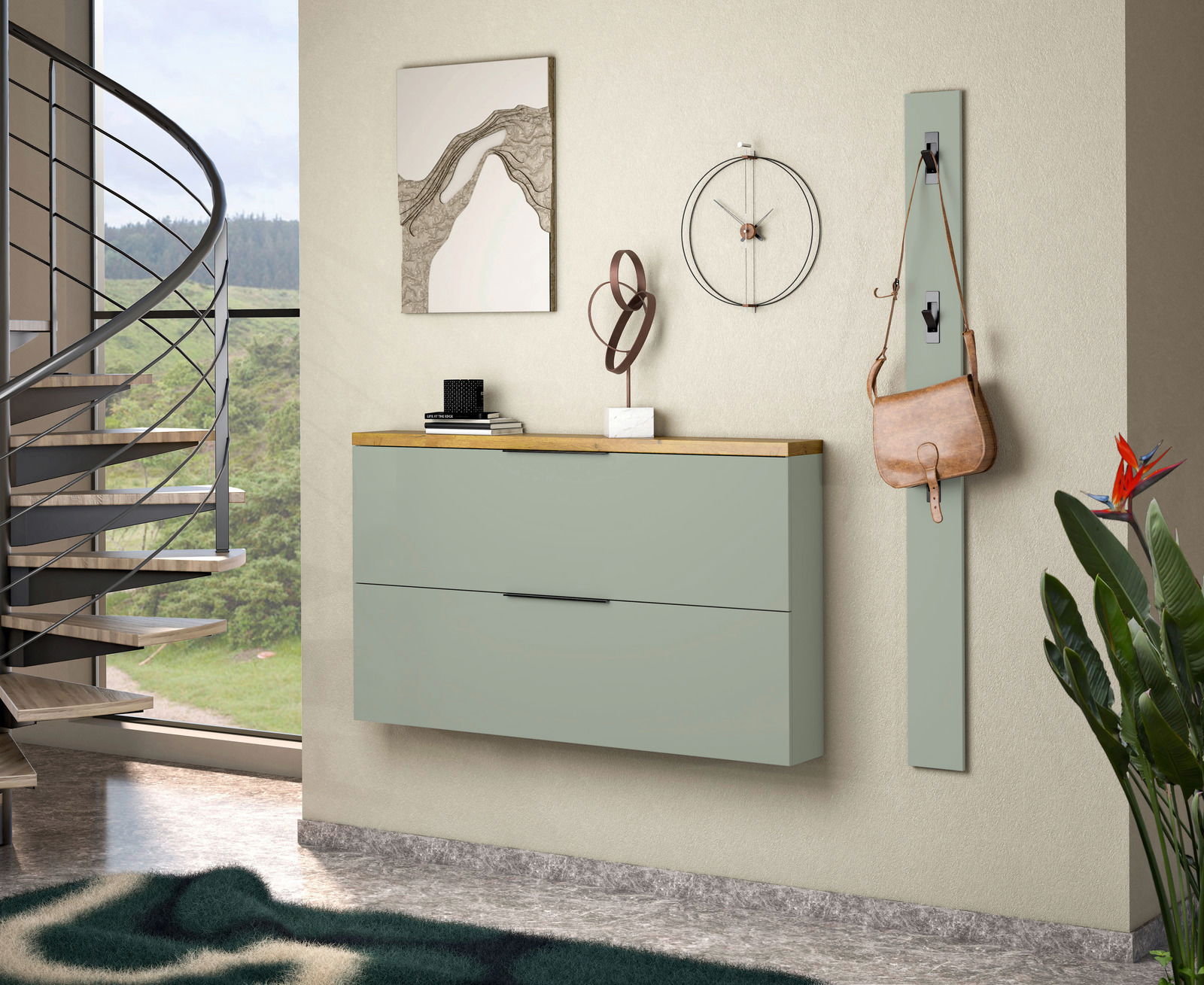 XORA Hangende schoenenkast IDEA SPECIAL-EDITION Moderner Hängeschuhschrank in hellem Grün mit Holzoberfläche, seitliche Perspektive