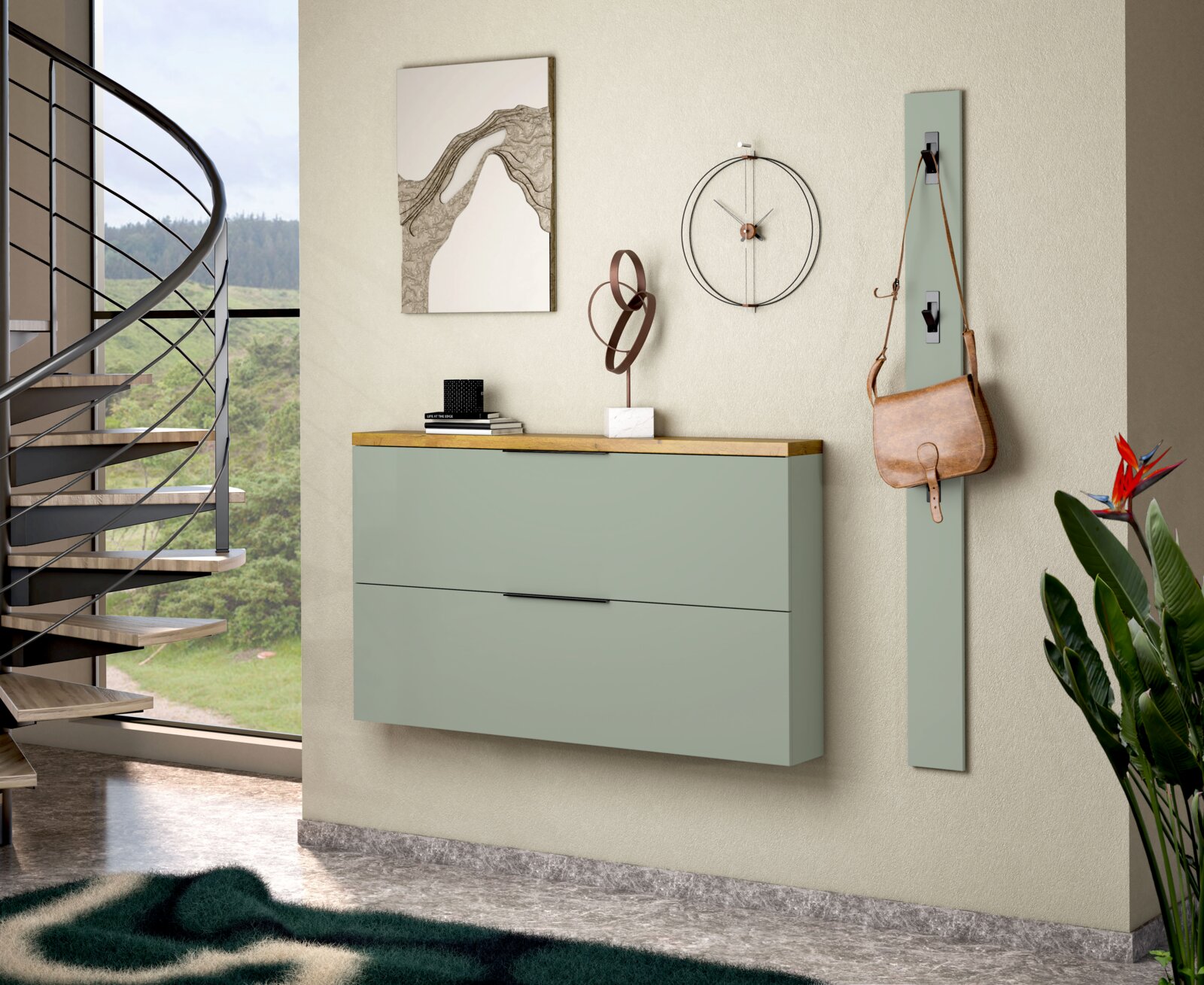 XORA Hängeschuhschrank IDEA SPECIAL-EDITION Moderner Hängeschuhschrank in hellem Grün mit Holzoberfläche, seitliche Perspektive