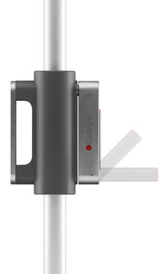 Seitliche Ansicht eines grauen Philips Staubsauger-Handgriffs mit Bedienelement und rotem Knopf an silbernem Rohr, weißer Hintergrund
