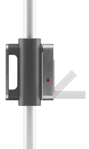 Seitliche Ansicht eines grauen Philips Staubsauger-Handgriffs mit Bedienelement und rotem Knopf an silbernem Rohr, weißer Hintergrund
