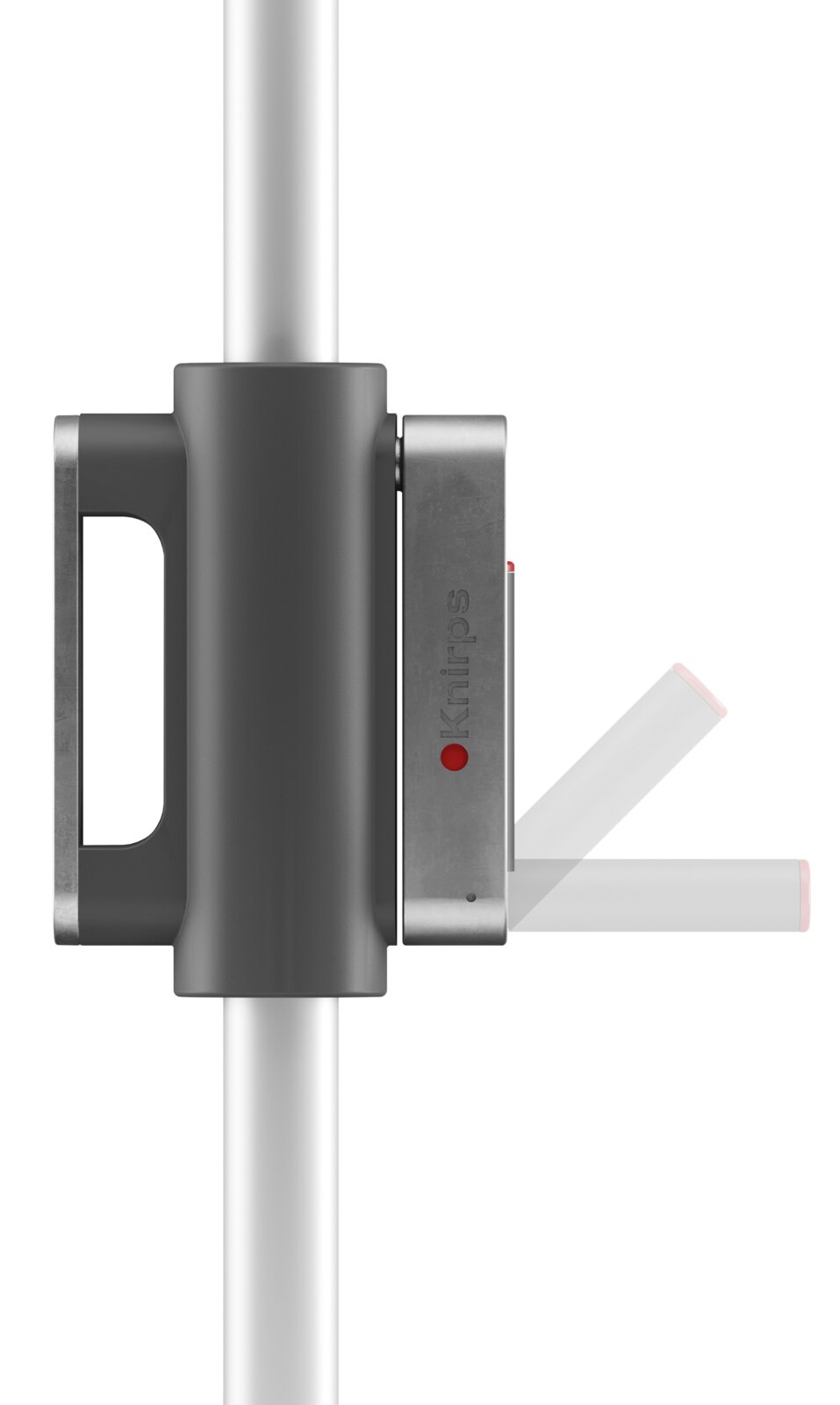 Seitliche Ansicht eines grauen Philips Staubsauger-Handgriffs mit Bedienelement und rotem Knopf an silbernem Rohr, weißer Hintergrund