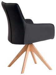 Schwarzer Armlehnstuhl mit Holzbeinen, seitliche Perspektive