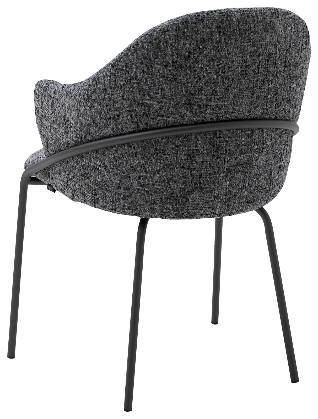 Rückansicht eines modernen Armlehnstuhls mit grauem Stoffbezug und schwarzen Metallbeinen.