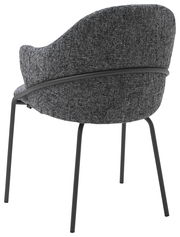 Rückansicht eines modernen Armlehnstuhls mit grauem Stoffbezug und schwarzen Metallbeinen.