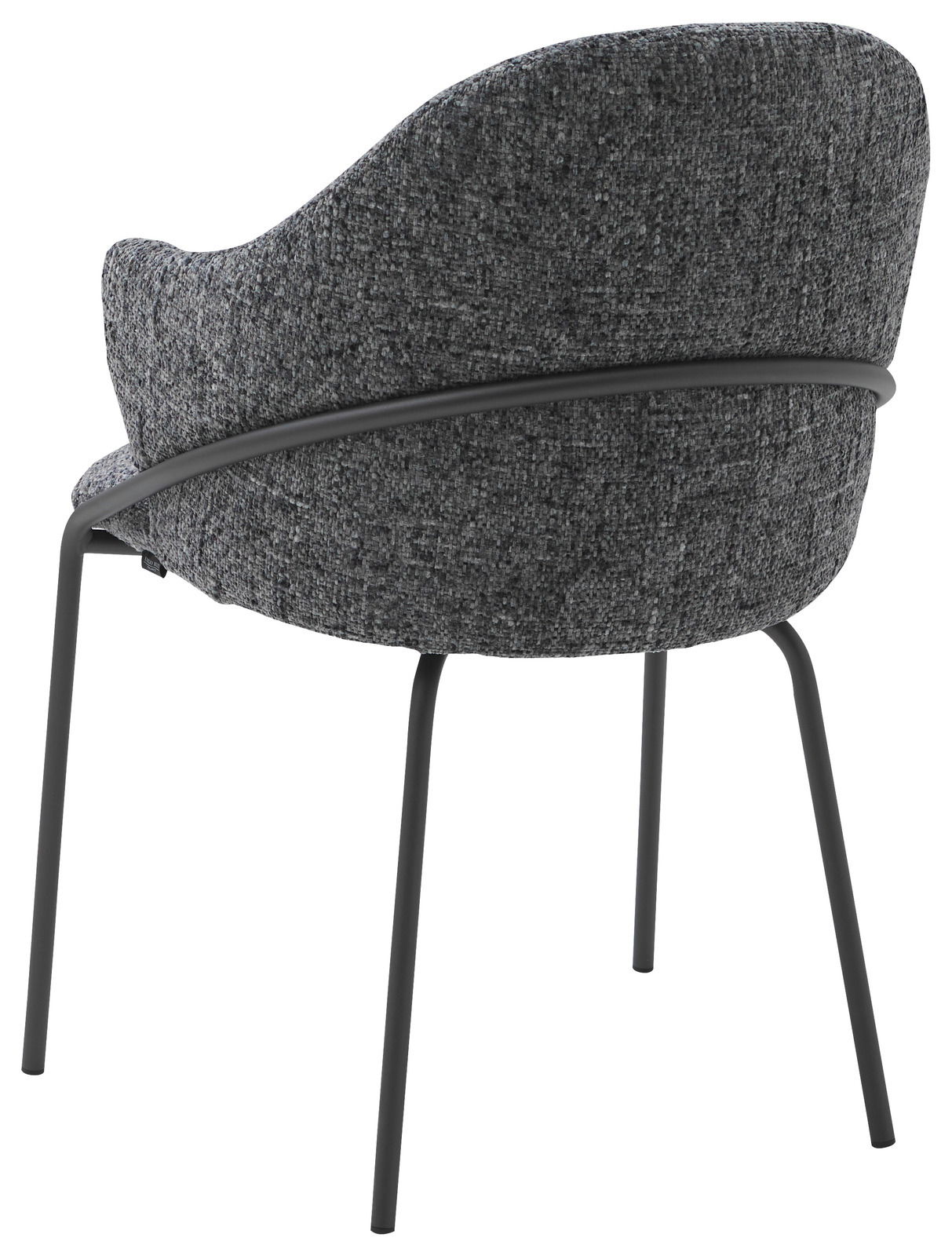 Rückansicht eines modernen Armlehnstuhls mit grauem Stoffbezug und schwarzen Metallbeinen.
