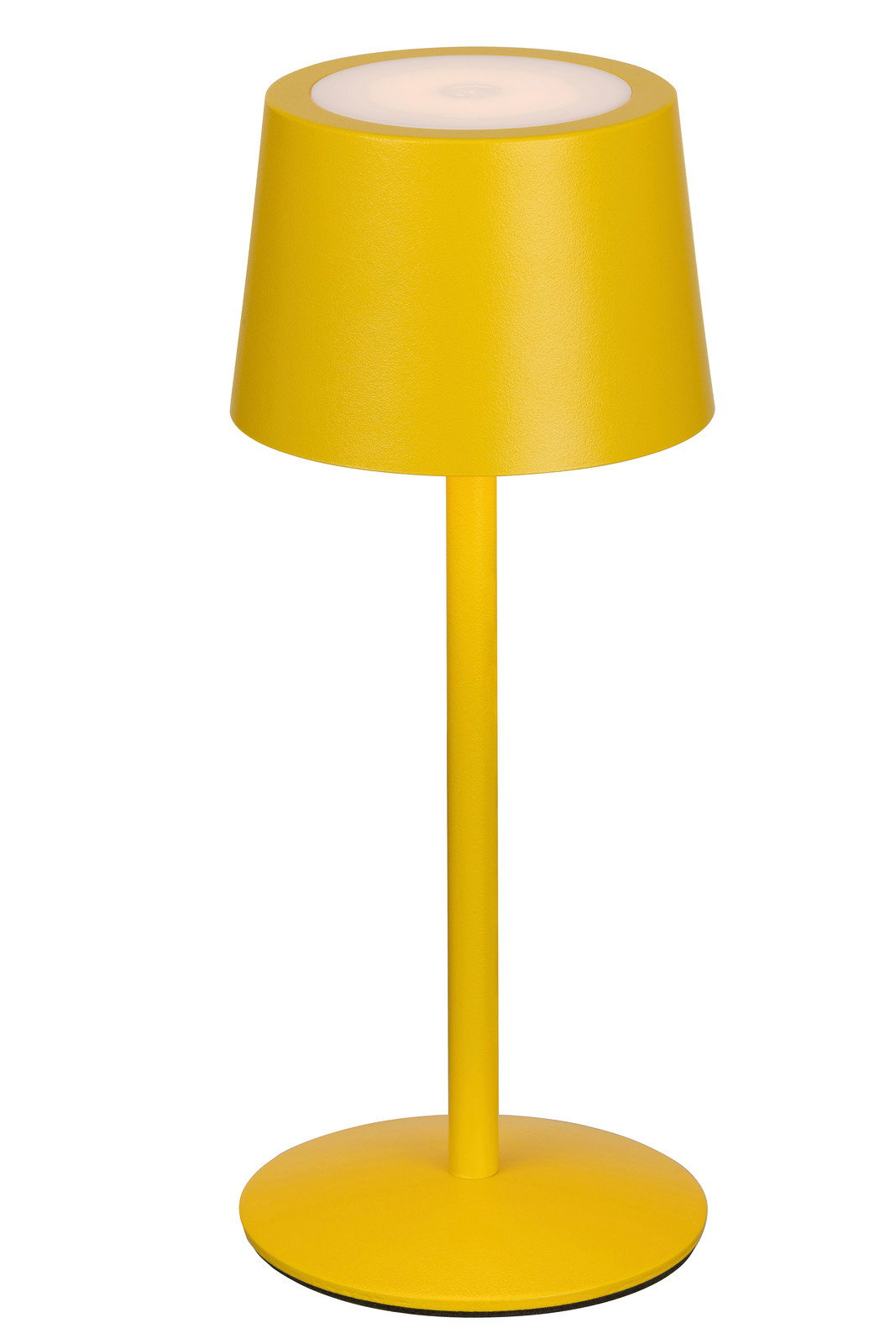 Gelbe Akku-Tischleuchte in Seitenansicht mit modernem Design und rundem Lampenschirm.