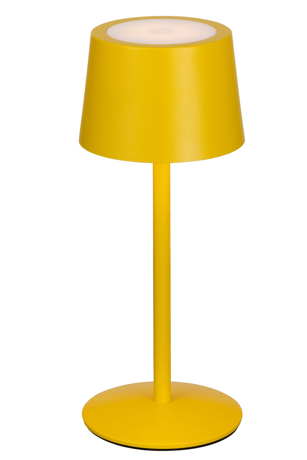 Gelbe Akku-Tischleuchte in Seitenansicht mit modernem Design und rundem Lampenschirm.