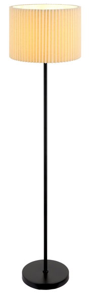 Stehleuchte mit schwarzem Standfuß und cremefarbenem, plissiertem Lampenschirm, frontal abgebildet.
