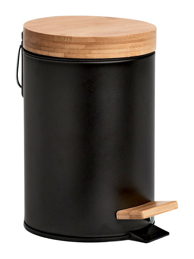 Schwarzer Kosmetikeimer mit Holzdeckel und Pedal, seitliche Perspektive