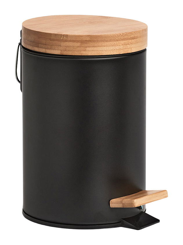 Schwarzer Kosmetikeimer mit Holzdeckel und Pedal, seitliche Perspektive
