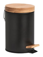 Schwarzer Kosmetikeimer mit Holzdeckel und Pedal, seitliche Perspektive