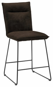 Moderner Barstuhl mit schwarzem Metallgestell und braunem Polstersitz, seitliche Perspektive