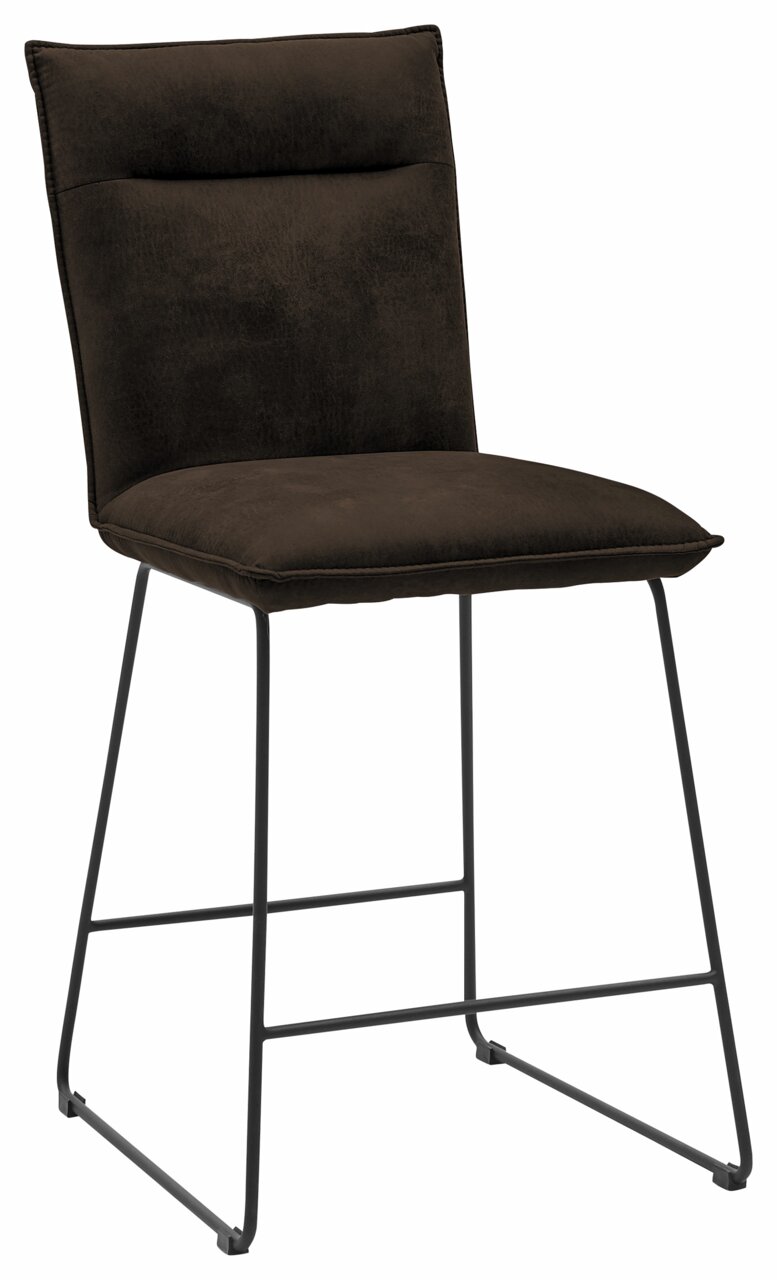 Moderner Barstuhl mit schwarzem Metallgestell und braunem Polstersitz, seitliche Perspektive