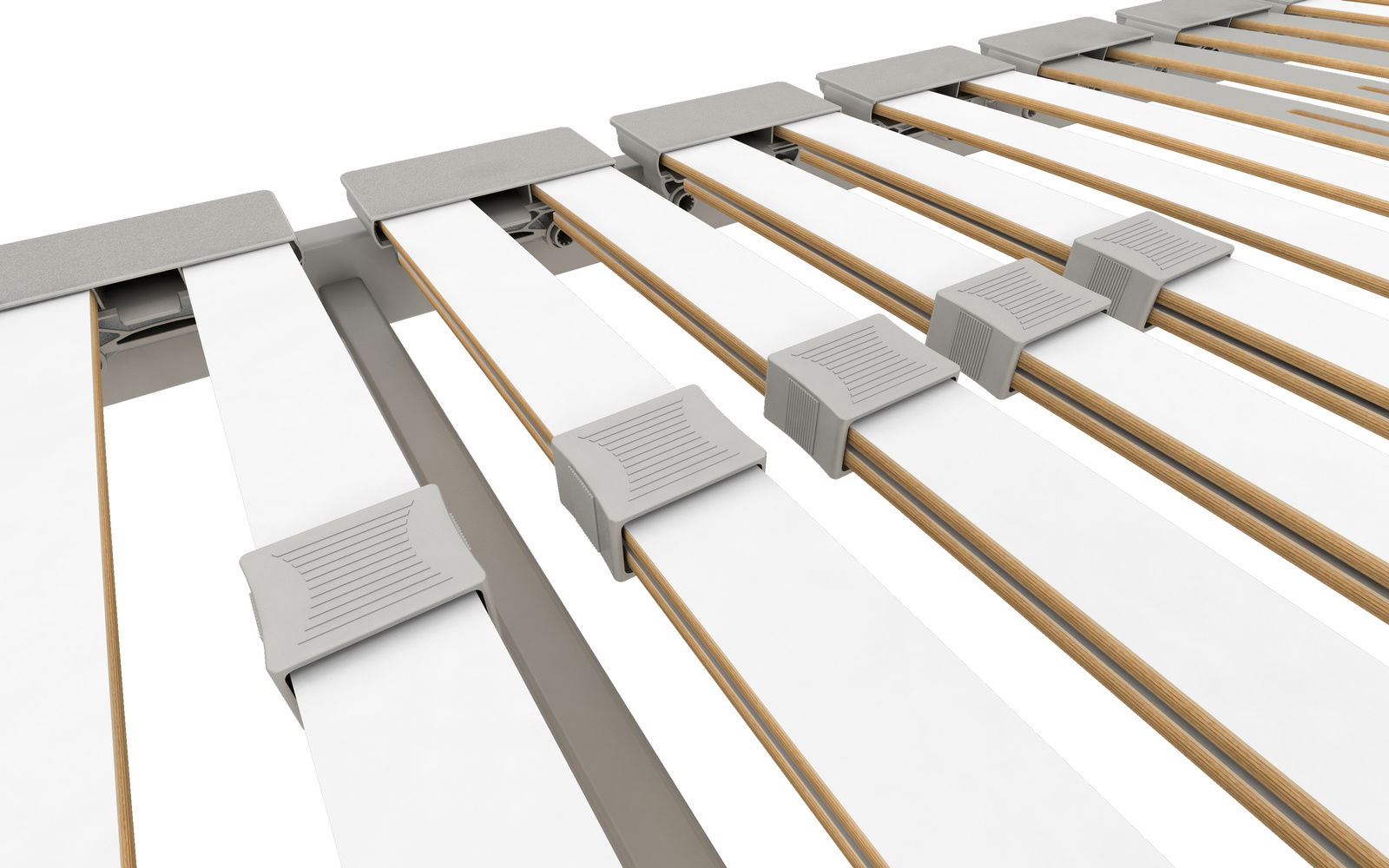 Nahaufnahme eines Lattenrosts mit weißen und holzfarbenen Leisten, perspektivisch von der Seite aufgenommen.