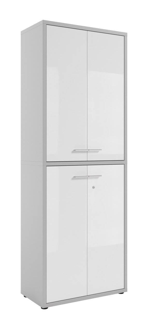 Hochformatiger Aktenschrank mit zwei Doppeltüren, weiß mit silbernen Griffen, seitliche Perspektive.