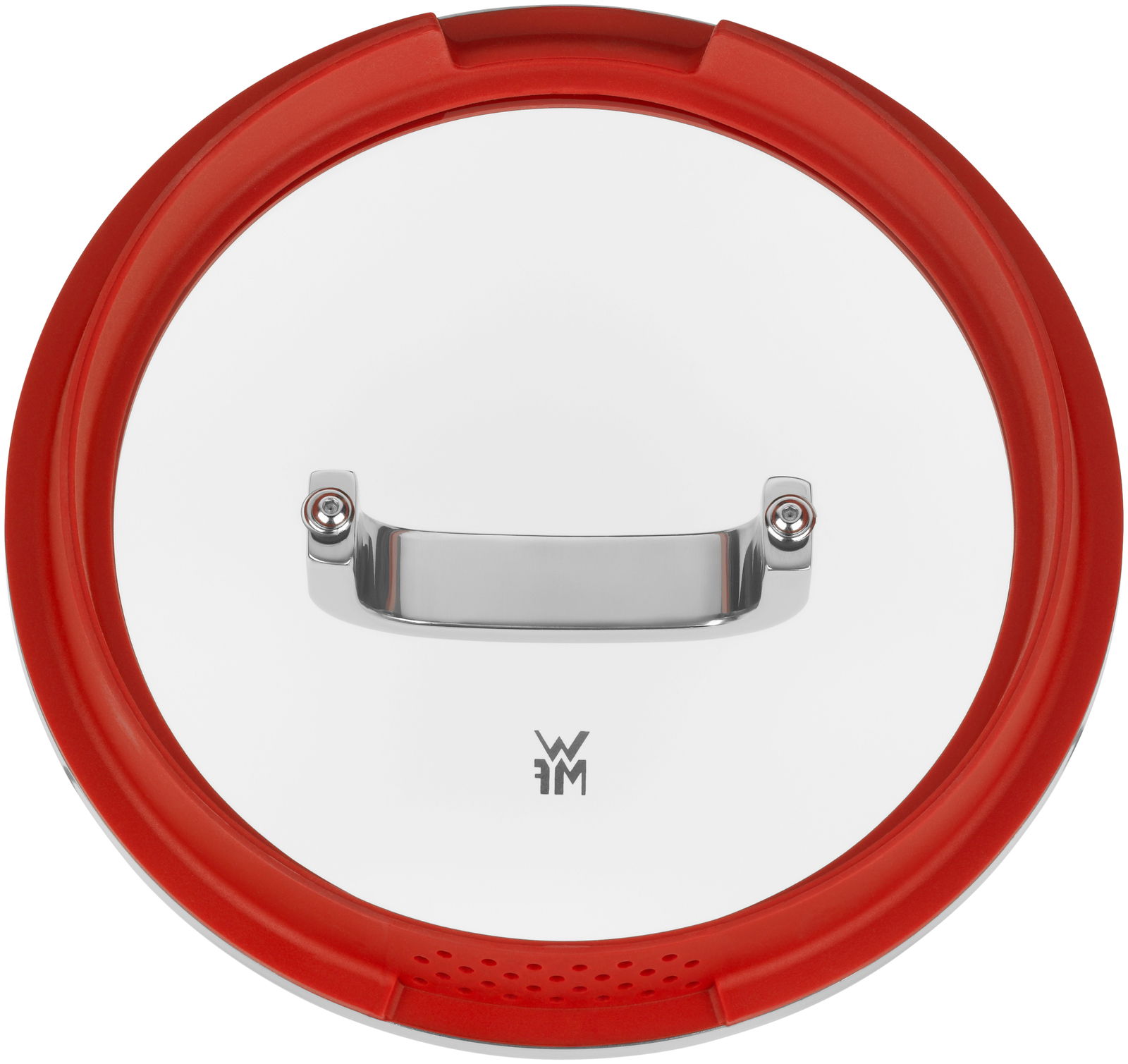 Topfdeckel mit rotem Rand und Edelstahlgriff, Draufsicht