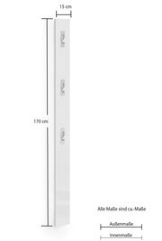 Weiße Garderobenleiste mit drei Haken, vertikal ausgerichtet, Maße 170 cm hoch und 15 cm breit, seitliche Perspektive.