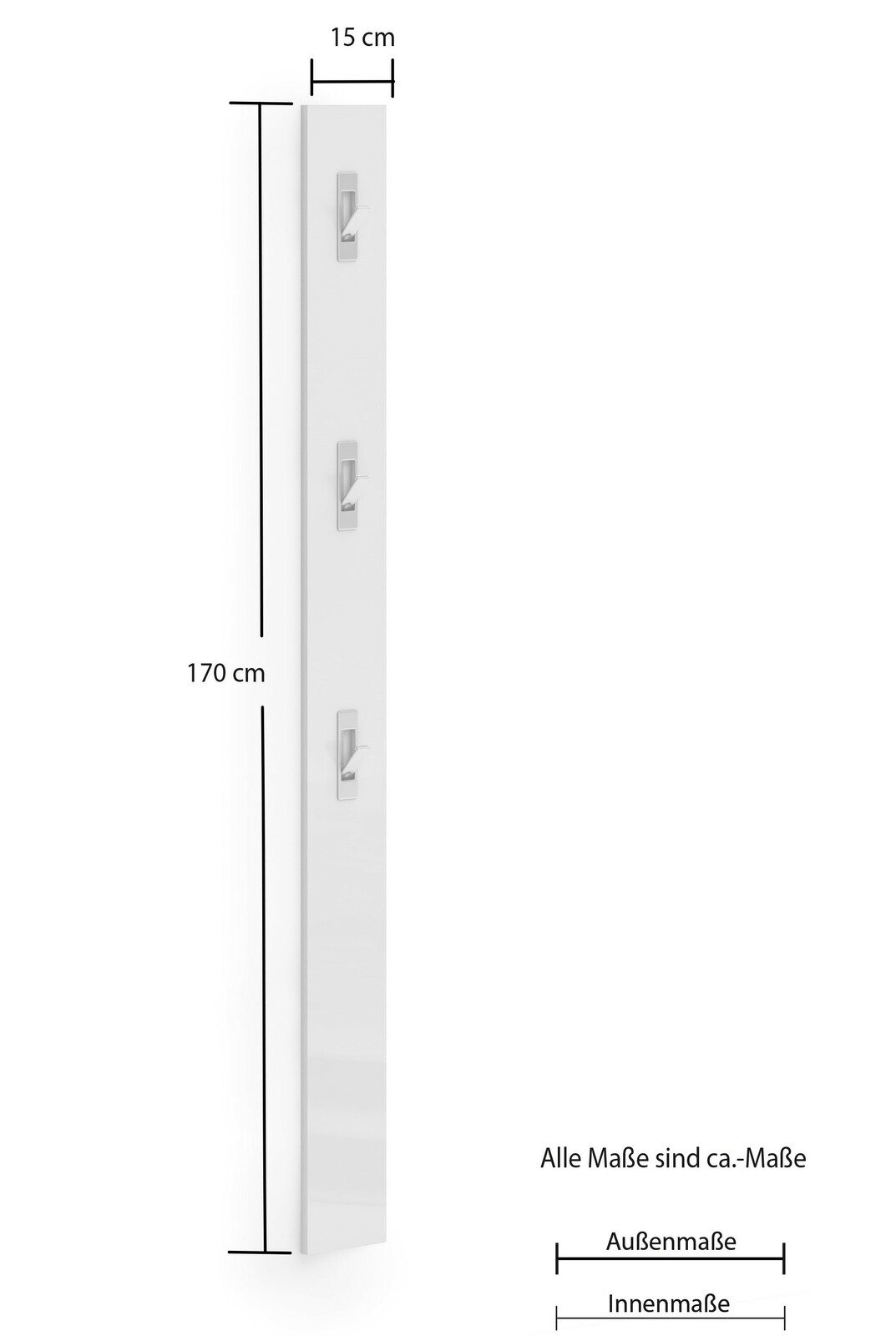 Weiße Garderobenleiste mit drei Haken, vertikal ausgerichtet, Maße 170 cm hoch und 15 cm breit, seitliche Perspektive.