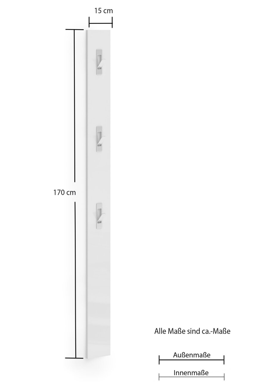 Weiße Garderobenleiste mit drei Haken, vertikal ausgerichtet, Maße 170 cm hoch und 15 cm breit, seitliche Perspektive.
