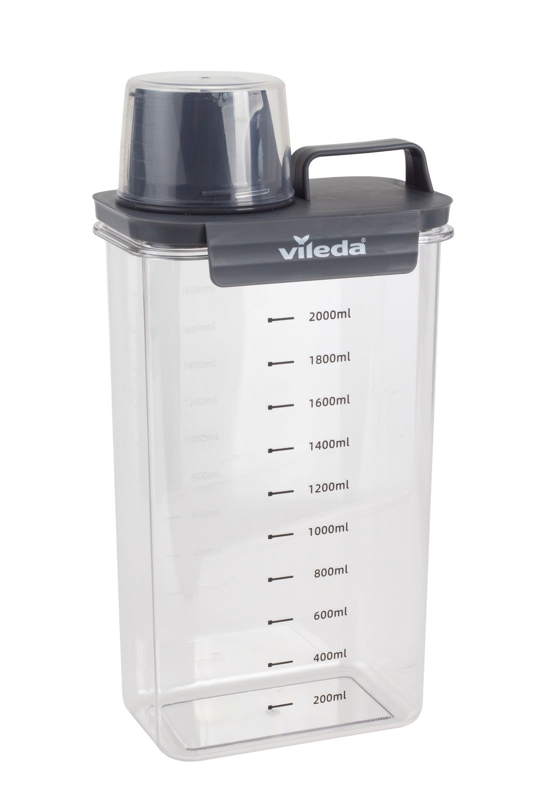 Vileda Waschmittelbox Graue Waschmittelbox mit 2000ml Skala und Deckel, seitliche Perspektive