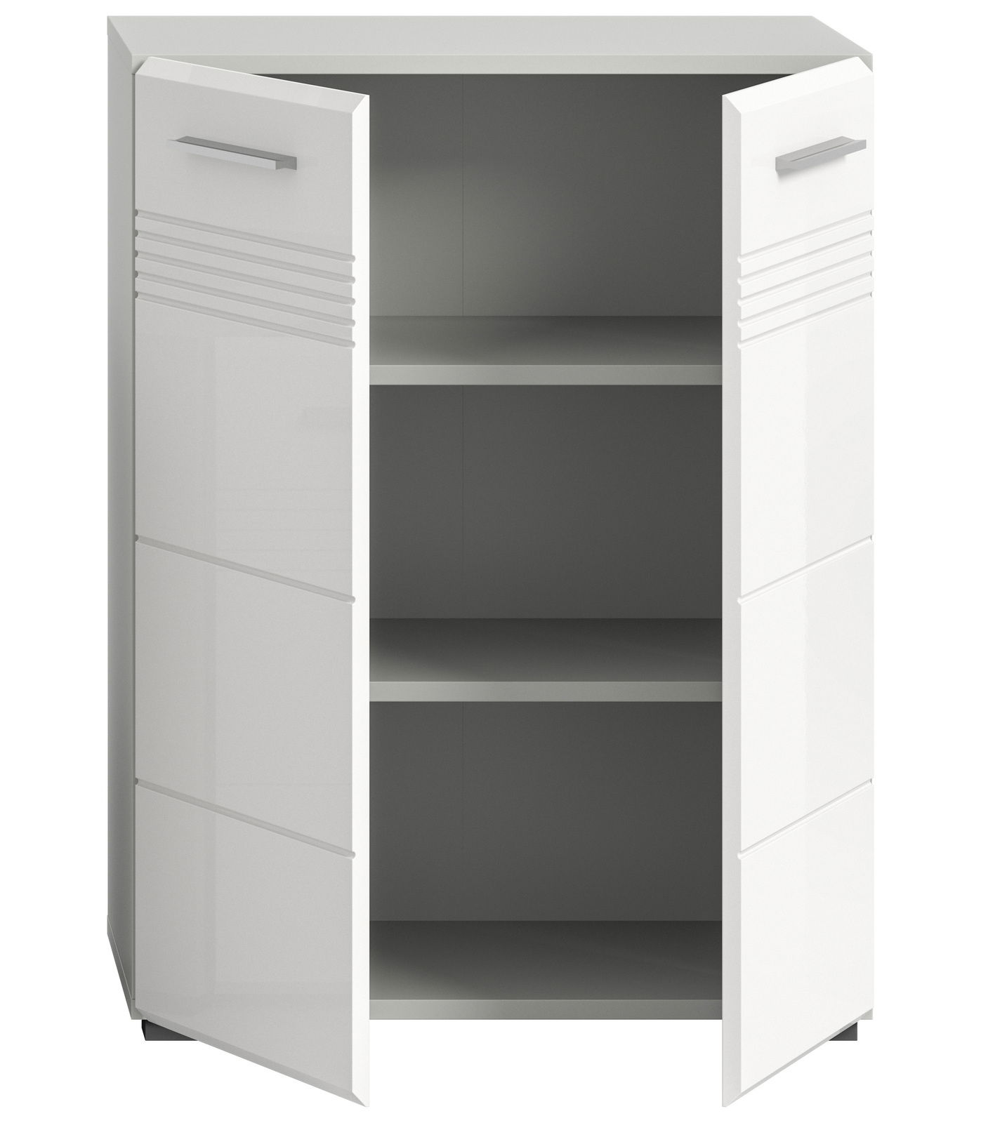 Moderner weißer Midischrank mit zwei offenen Türen, frontal betrachtet.