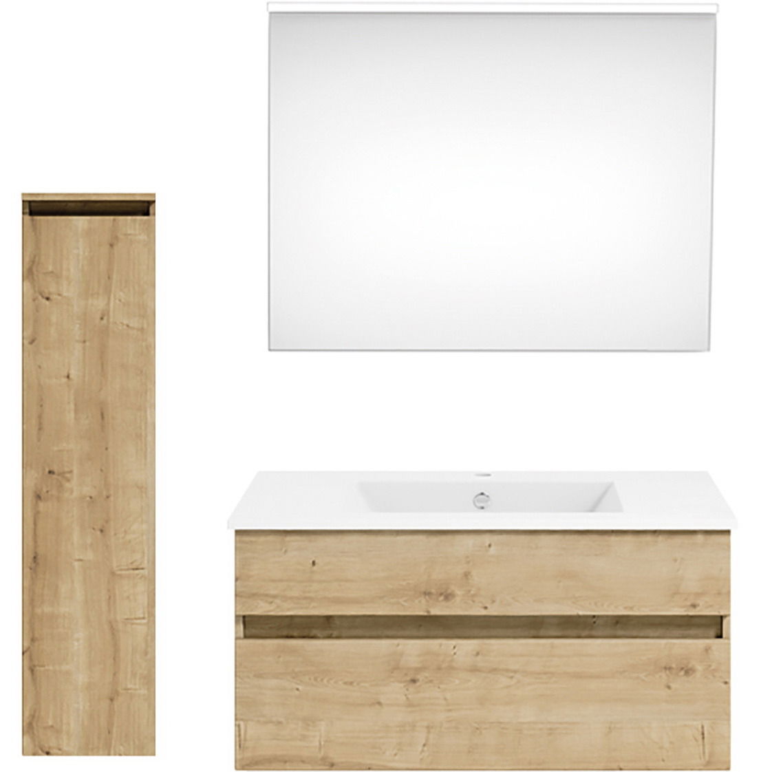 Frontale Ansicht einer Badkombination mit Holzoptik, bestehend aus einem hohen Schrank, einem Waschbeckenunterschrank und einem großen Spiegel.