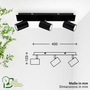 Zwarte plafondspot met drie verstelbare cilindervormige lampen, schuin van voren weergegeven, inclusief maattekening van 450 mm breed en 123 mm hoog.