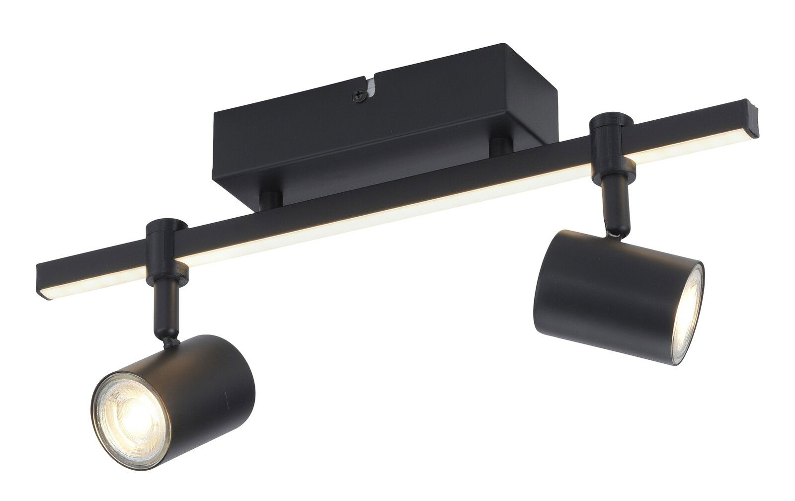 Schwarze Wand- und Deckenleuchte mit zwei verstellbaren Strahlern, seitliche Perspektive