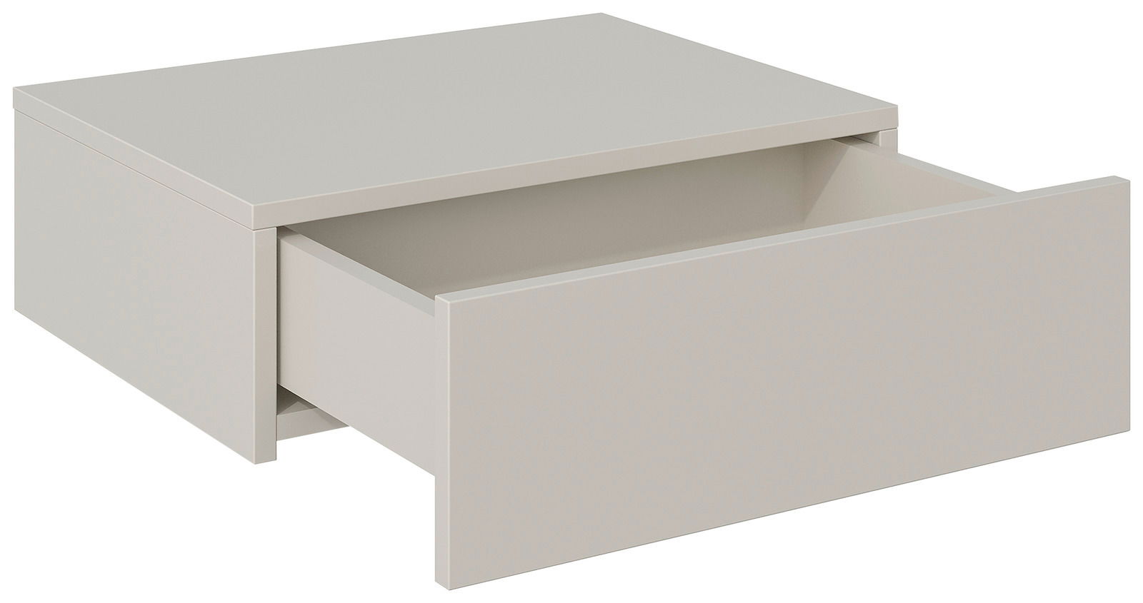 Hängekonsole in hellem Grau mit offener Schublade, seitliche Perspektive
