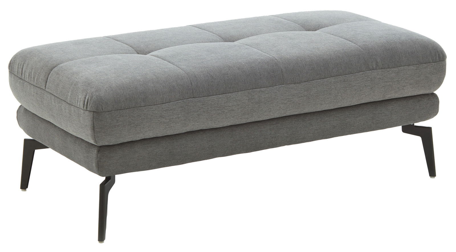 Grauer XXL-Hocker mit gepolsterter Sitzfläche und schwarzen Metallbeinen, seitliche Perspektive