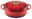 Roter ovaler Bräter von Le Creuset mit Deckel und seitlichen Griffen, Ansicht von schräg oben.