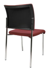 Rückansicht eines Besucherstuhls mit rotem Sitzpolster und verchromten Beinen.