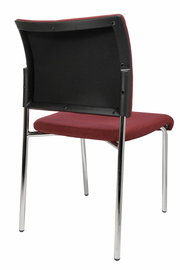 Rückansicht eines Besucherstuhls mit rotem Sitzpolster und verchromten Beinen.