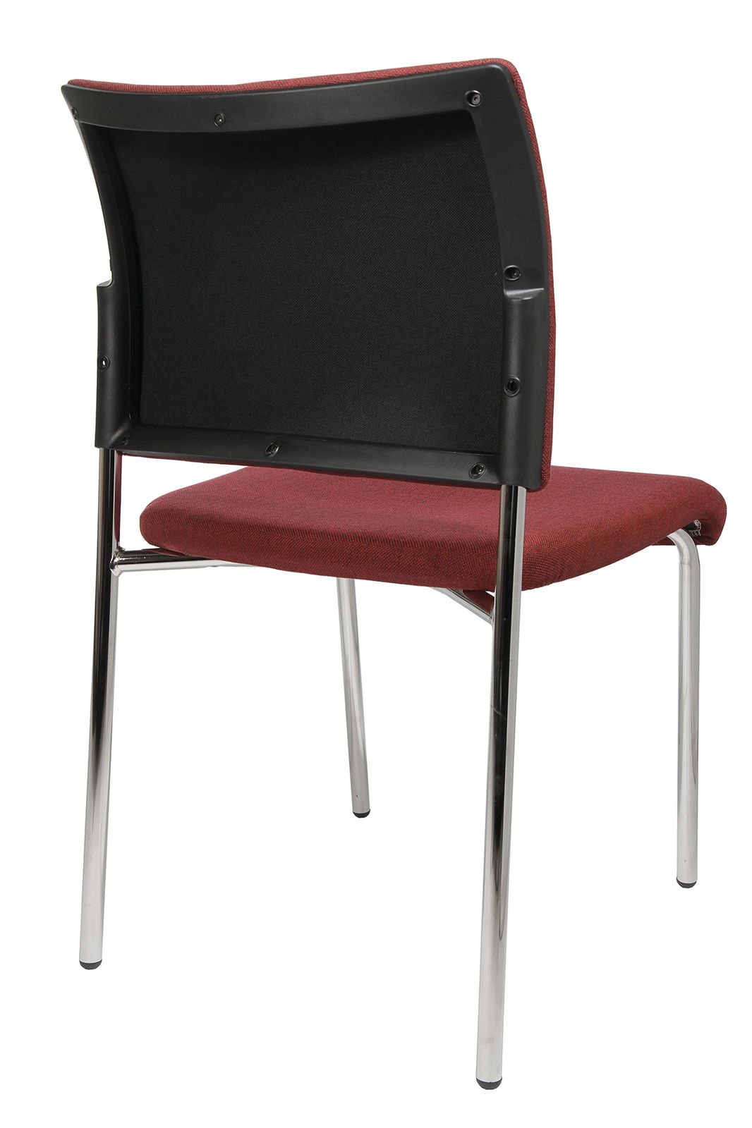 Rückansicht eines Besucherstuhls mit rotem Sitzpolster und verchromten Beinen.