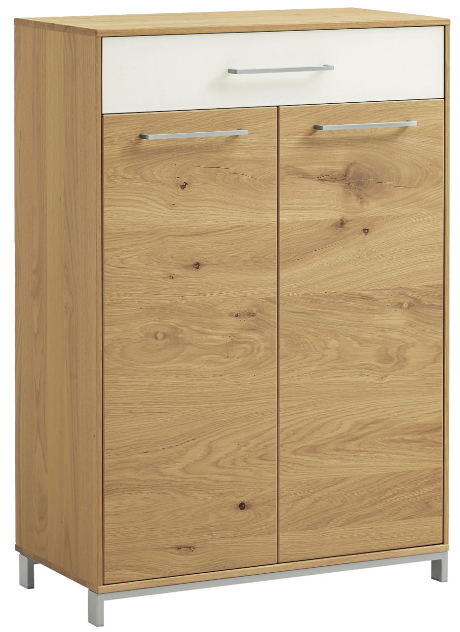 Moderner Schuhschrank aus Holz mit zwei Türen und einer Schublade, Frontansicht