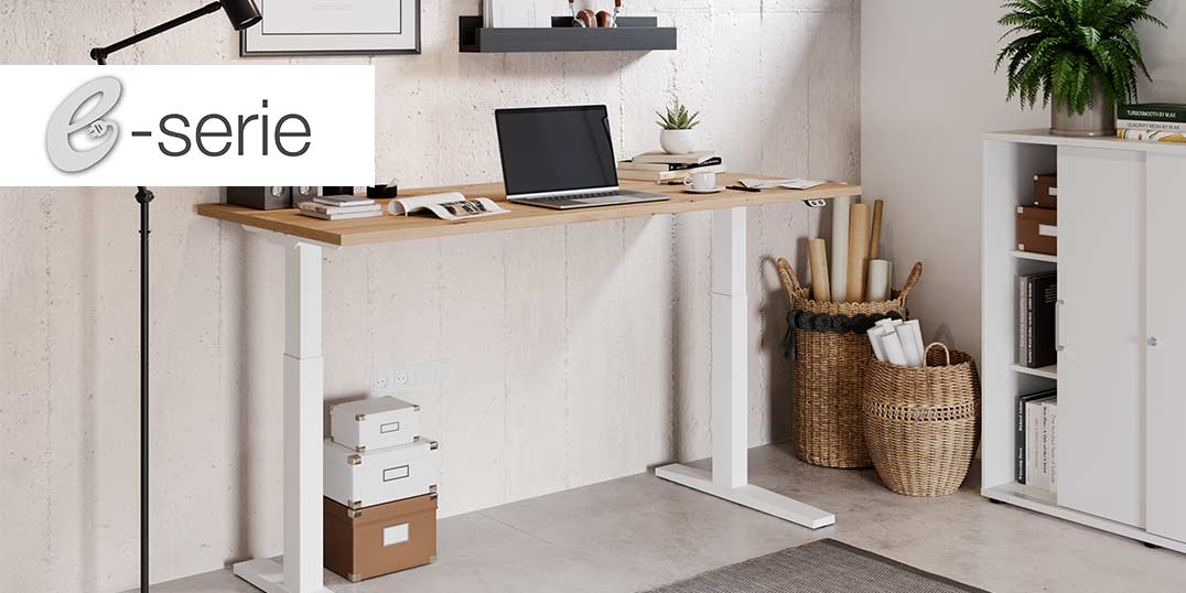 Moderner Arbeitsplatz mit Holzschreibtisch und Laptop, umgeben von dekorativen Pflanzen und Stauräumen.