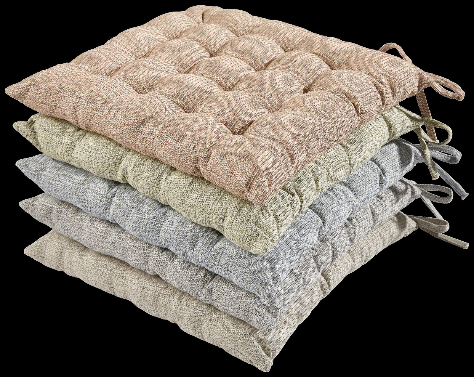 Stapel von vier Sitzkissen in verschiedenen Farben, von oben nach unten: Beige, Grün, Grau und Creme, seitliche Perspektive