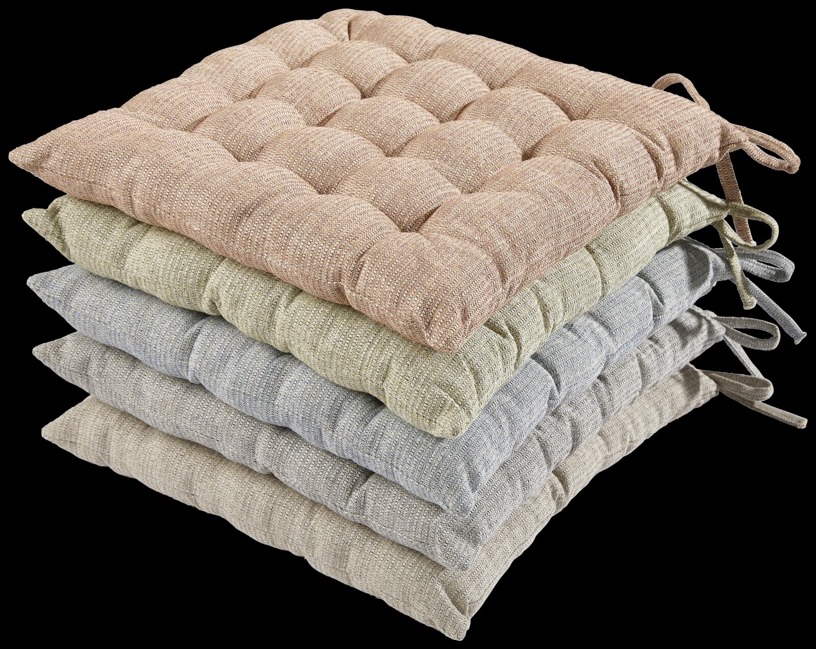 Een stapel van vier zitkussens in verschillende kleuren, van boven naar beneden: beige, groen, grijs en crème, gezien vanaf de zijkant