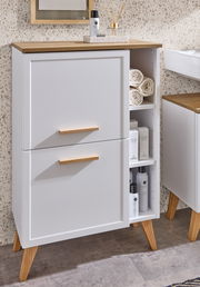 Moderner Unterschrank mit zwei Schubladen und offenen Regalfächern, weiß mit Holzdetails, aus der Perspektive von vorne links.