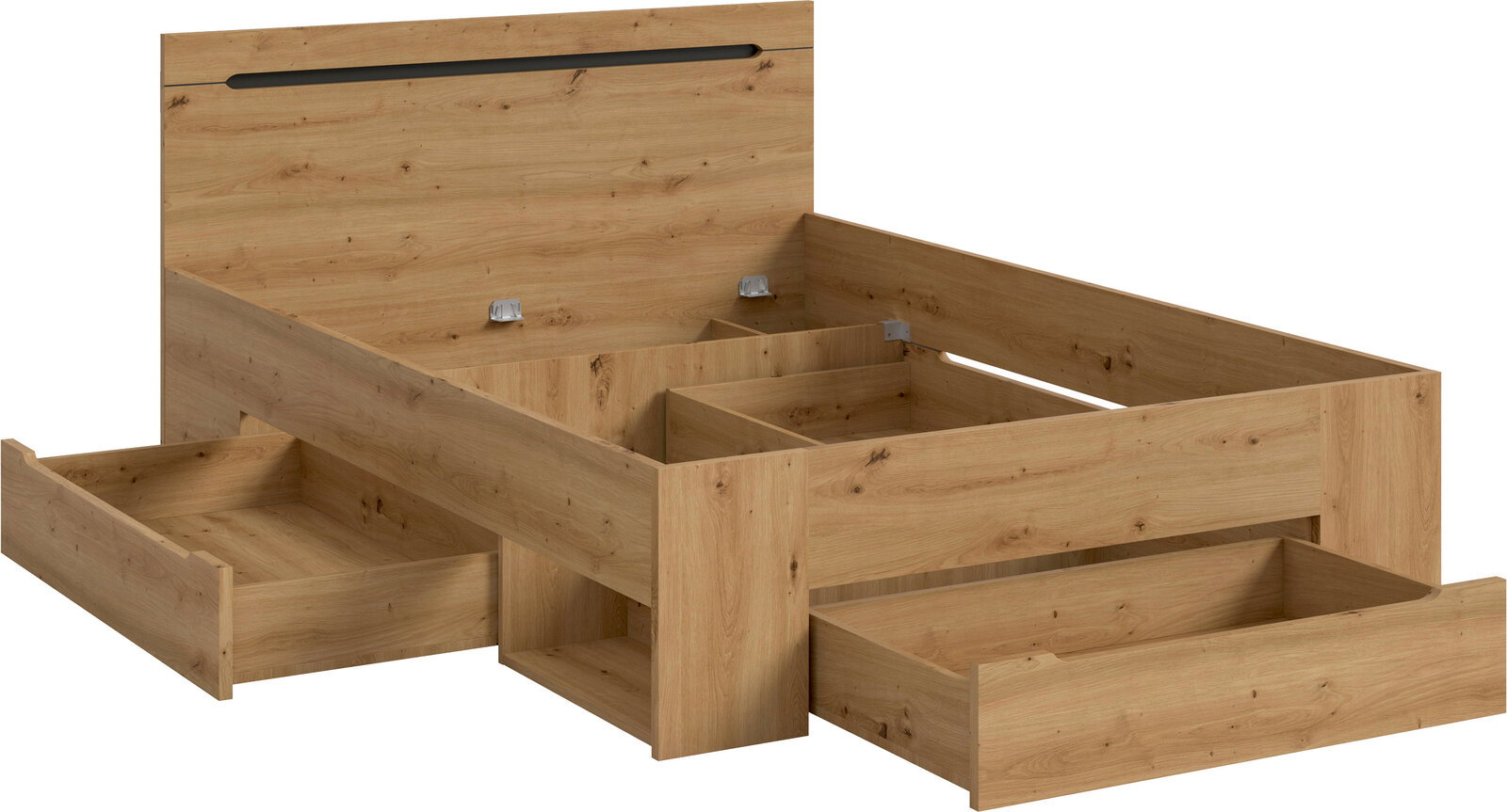 Holzbett in Eichenoptik mit hohem Kopfteil, geöffnetem Stauraumfach und zwei ausgezogenen Unterbett-Schubladen, Ansicht schräg von vorn