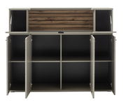 Frontansicht eines Highboards mit offenen Türen und Fächern, obere Klappe mit Holzlamellen.